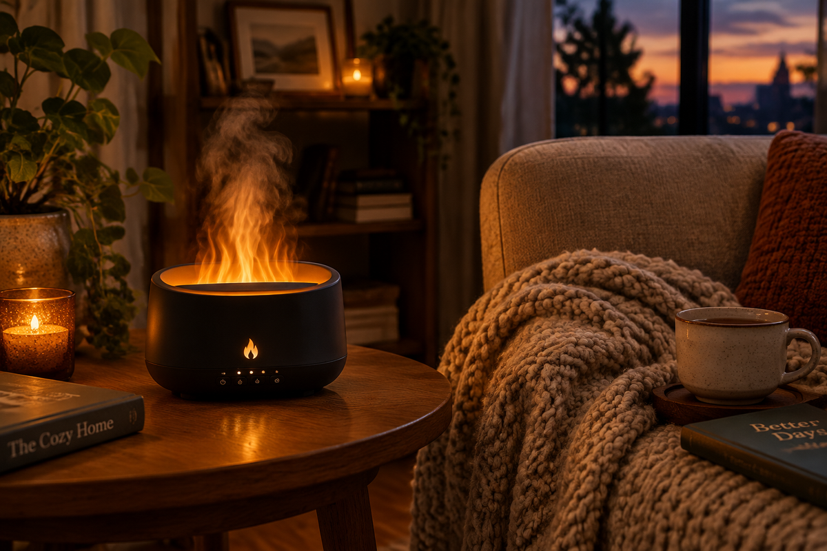 Flame Aroma Diffuser glowing warmly on a side table in a cozy living room